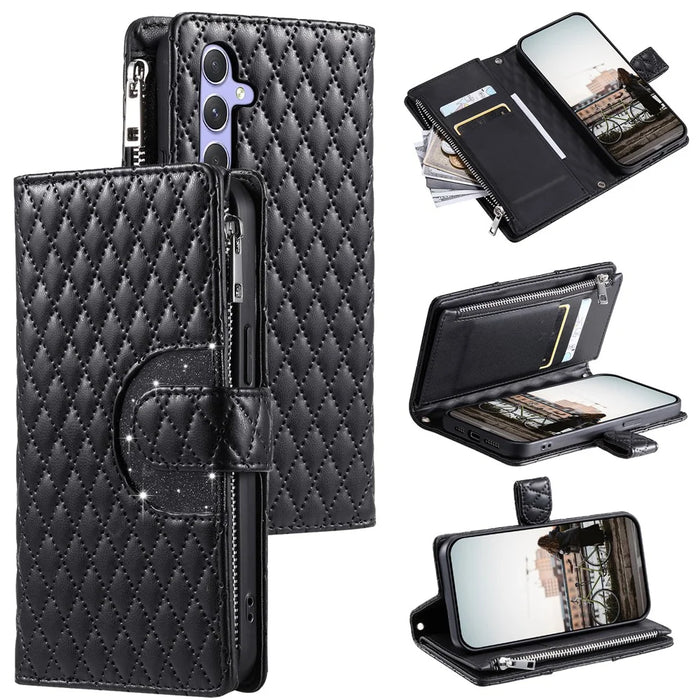 Style 012 for Samsung Galaxy S24+ Case Glitter Rhombus Pattern PU Leather Magnetic Flip Phone Cover - Black - 1