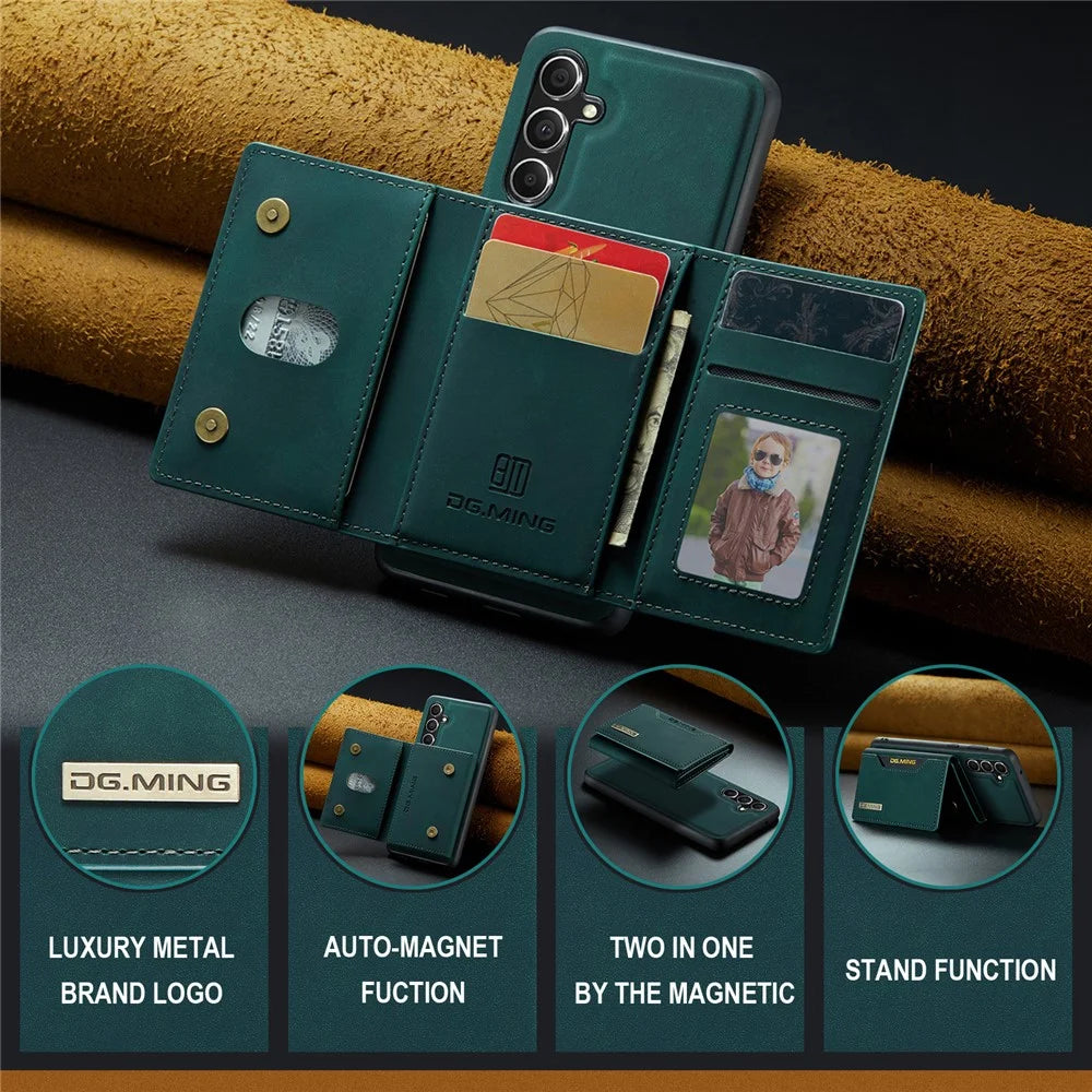 DG.MING M2 Series for Samsung Galaxy A55 5G Magnetic Phone Case Detachable Wallet Cover - Green - 6