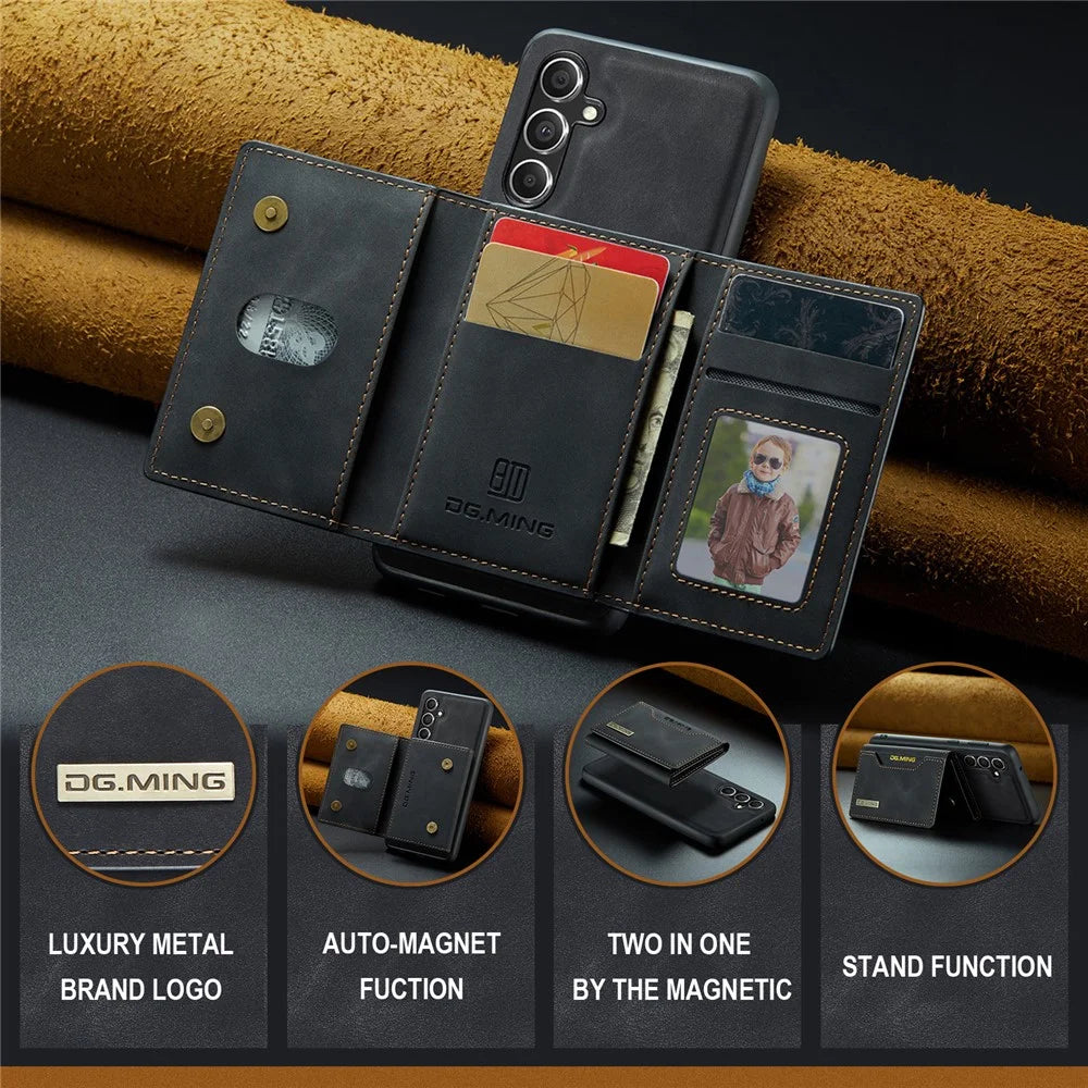 DG.MING M2 Series for Samsung Galaxy A15 4G / 5G Case Detachable 2-in-1 Wallet Phone Leather Back Cover - Black - 6