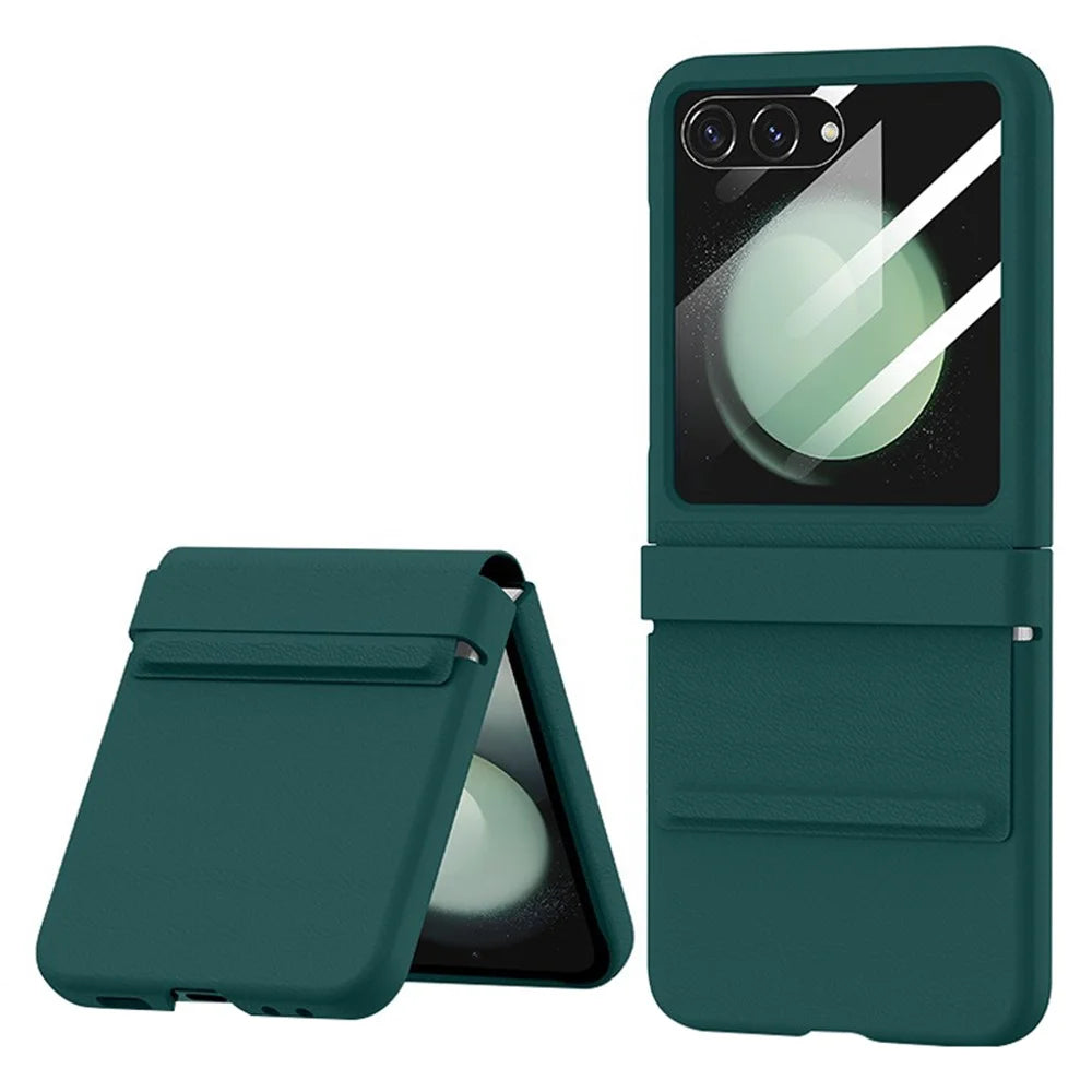 For Samsung Galaxy Z Flip5 5G Retractable Hinge PU Leather Coated PC Phone Case with Rear Screen Film - Midnight Green - 1