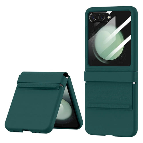 For Samsung Galaxy Z Flip5 5G Retractable Hinge PU Leather Coated PC Phone Case with Rear Screen Film - Midnight Green - 1