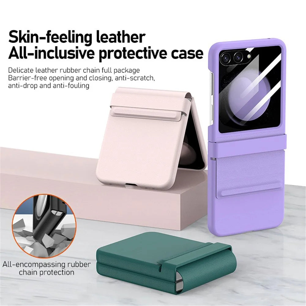 For Samsung Galaxy Z Flip5 5G Retractable Hinge PU Leather Coated PC Phone Case with Rear Screen Film - Midnight Green - 2