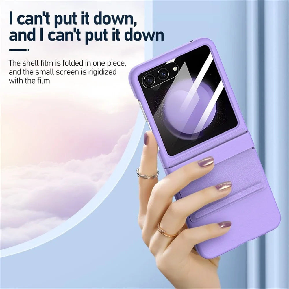For Samsung Galaxy Z Flip5 5G Retractable Hinge PU Leather Coated PC Phone Case with Rear Screen Film - Midnight Green - 3