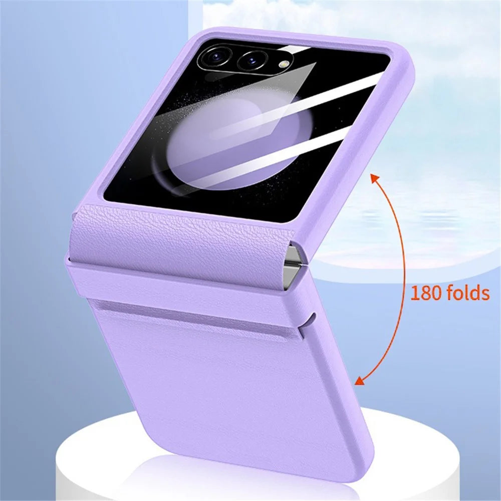 For Samsung Galaxy Z Flip5 5G Retractable Hinge PU Leather Coated PC Phone Case with Rear Screen Film - Midnight Green - 4