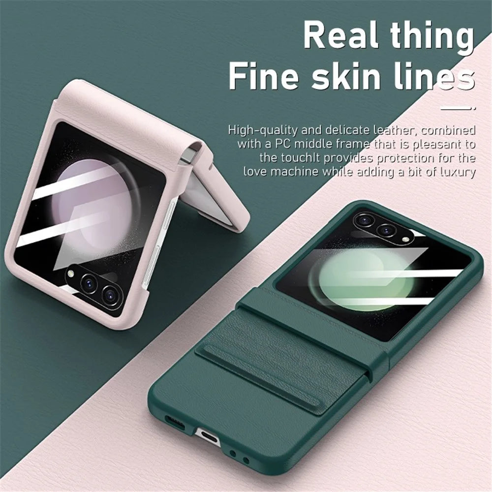 For Samsung Galaxy Z Flip5 5G Retractable Hinge PU Leather Coated PC Phone Case with Rear Screen Film - Midnight Green - 6