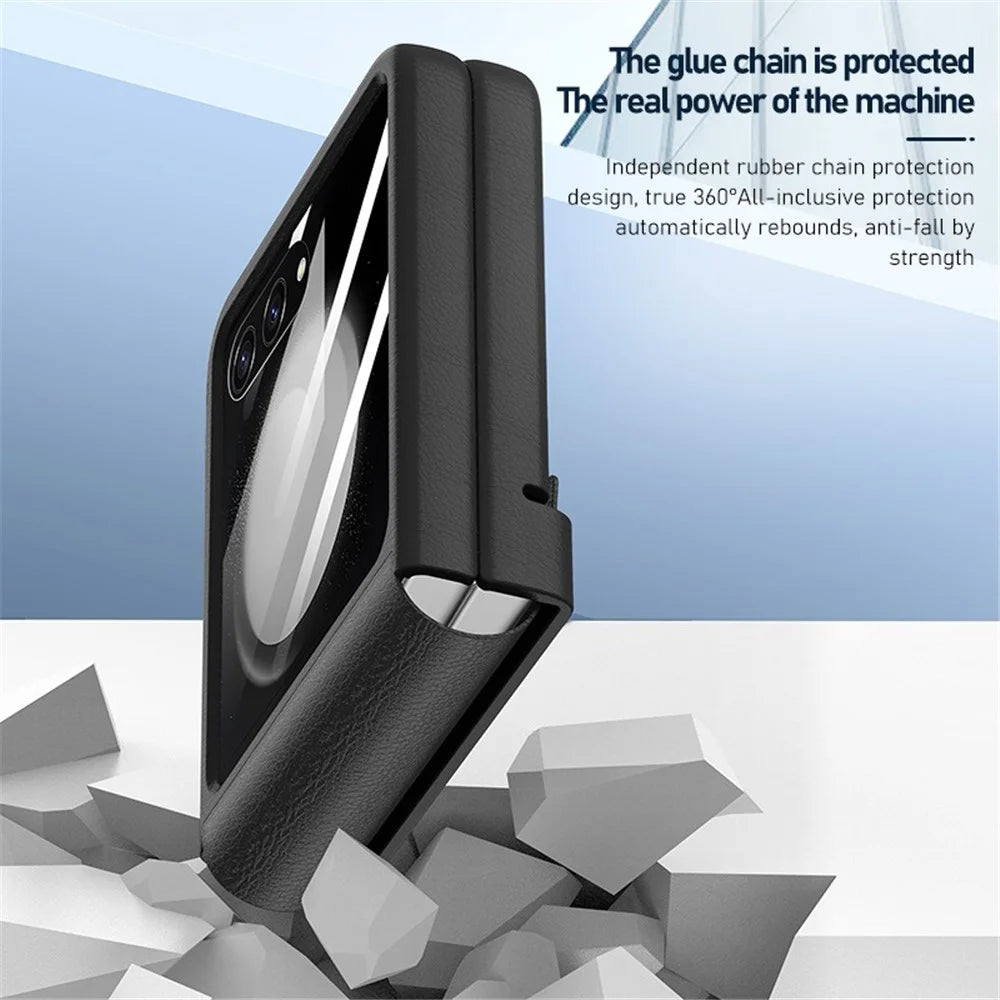 For Samsung Galaxy Z Flip5 5G Retractable Hinge PU Leather Coated PC Phone Case with Rear Screen Film - Midnight Green - 7