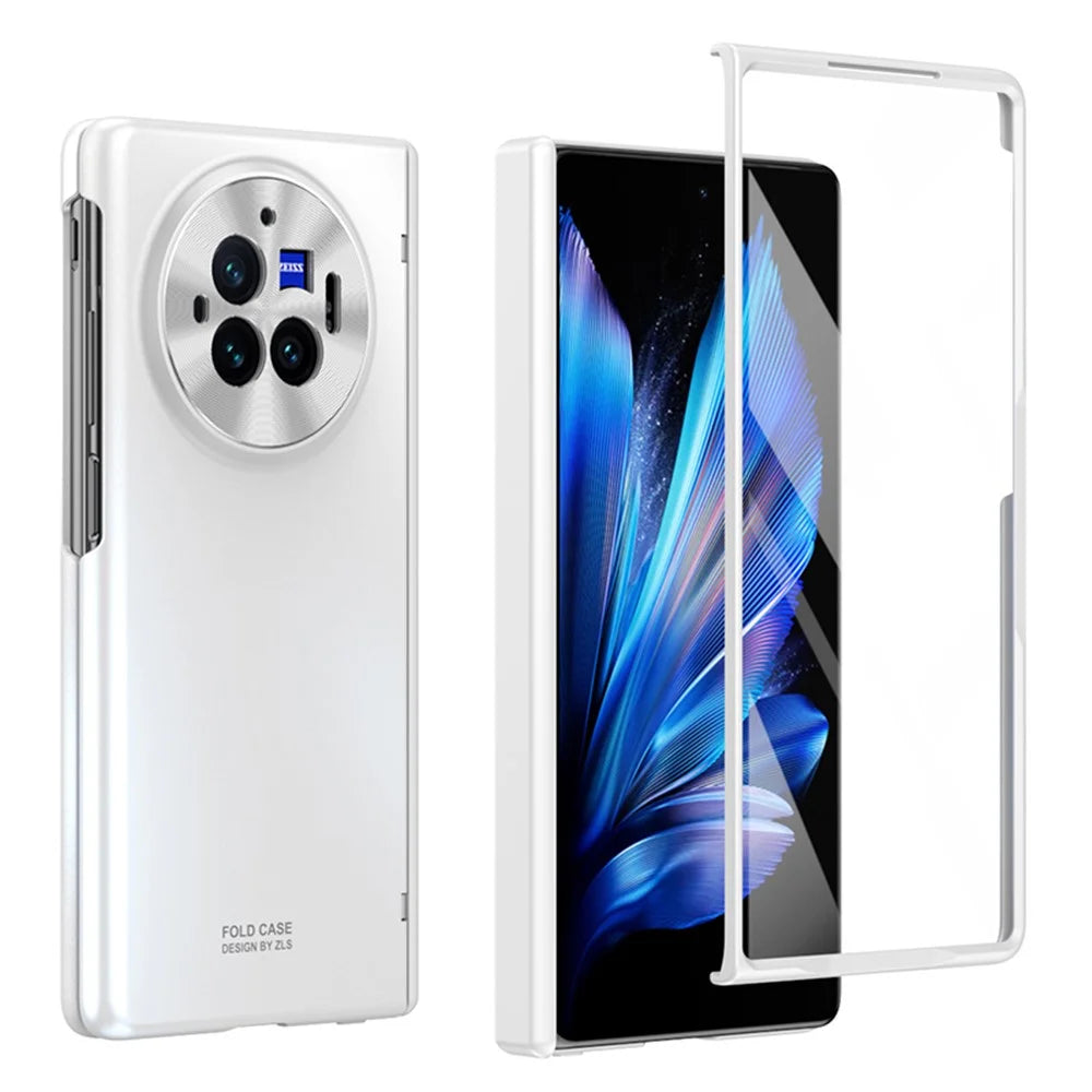 For vivo X Fold3 Pro Case PU Leather Coated PC Phone Cover with Tempered Glass Screen Film - White - 1
