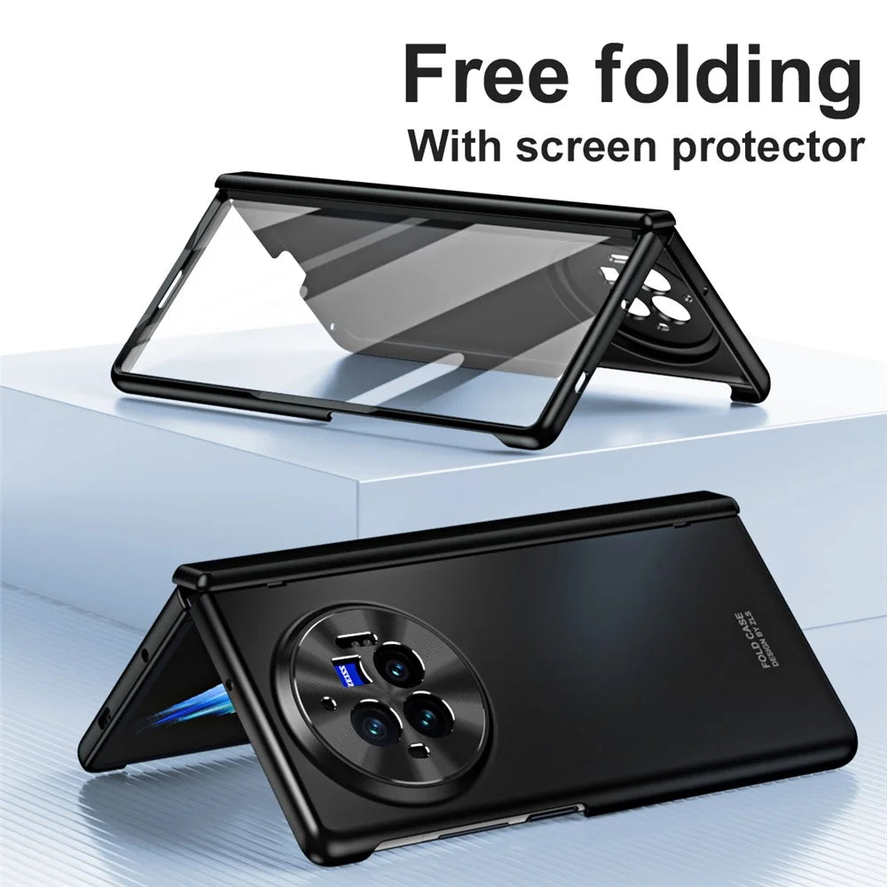 For vivo X Fold3 Pro Case PU Leather Coated PC Phone Cover with Tempered Glass Screen Film - White - 4