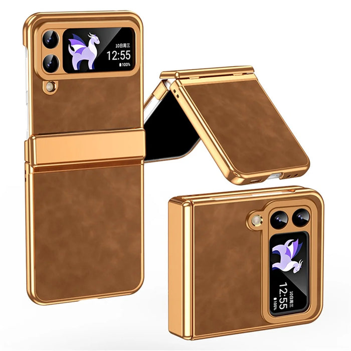 For Samsung Galaxy Z Flip3 5G Case Hinge Protection Leather Coated PC Folding Phone Cover - Brown - 1
