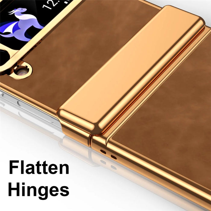 For Samsung Galaxy Z Flip3 5G Case Hinge Protection Leather Coated PC Folding Phone Cover - Brown - 4