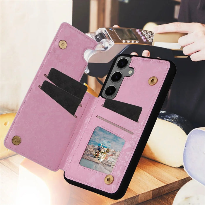 For Samsung Galaxy S24+ Case Card Slots Kickstand PU Leather Flower Pattern Back Cover - Rose Flower - 5