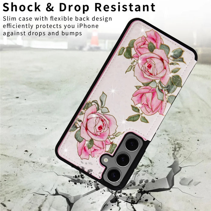 For Samsung Galaxy S24+ Case Card Slots Kickstand PU Leather Flower Pattern Back Cover - Rose Flower - 7