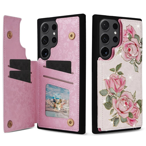 For Samsung Galaxy S24 Ultra Case PU Leather+TPU Flower Pattern Phone Cover with Dual Magnetic Clasp - Rose Flower - 1