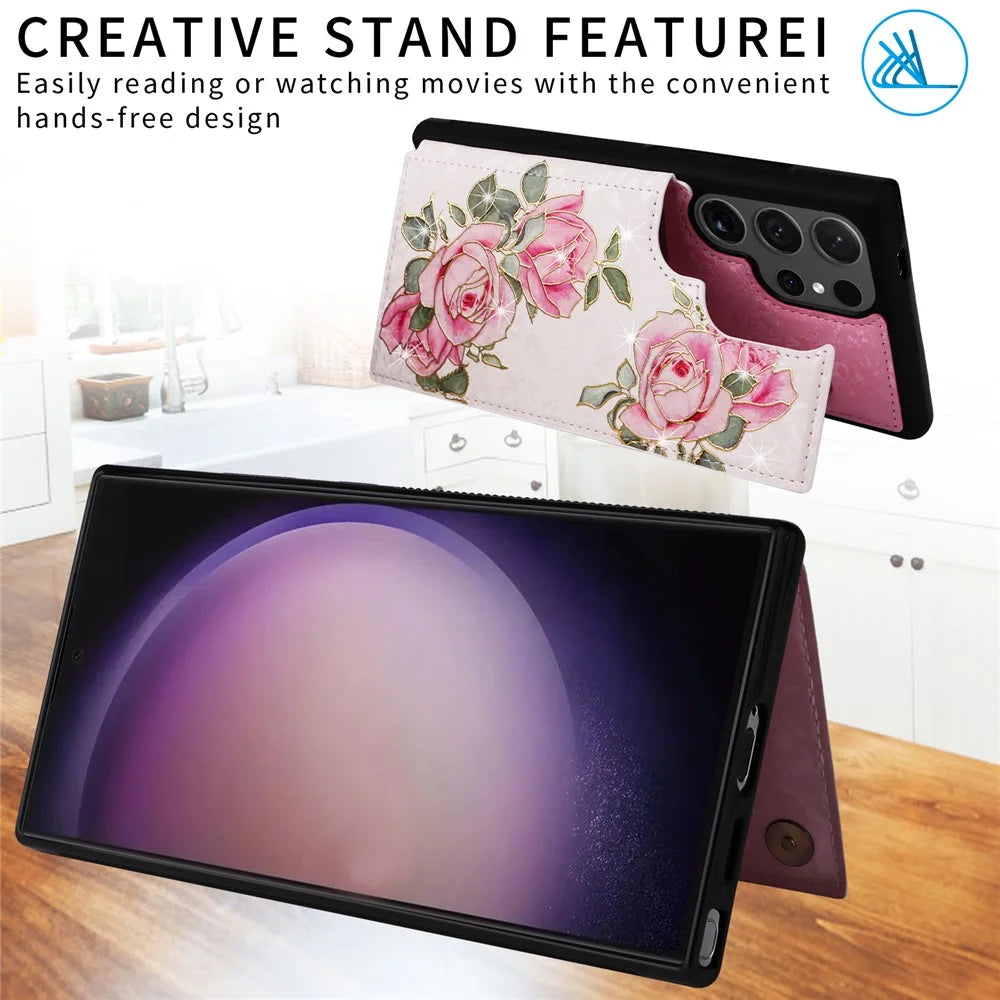 For Samsung Galaxy S24 Ultra Case PU Leather+TPU Flower Pattern Phone Cover with Dual Magnetic Clasp - Rose Flower - 3