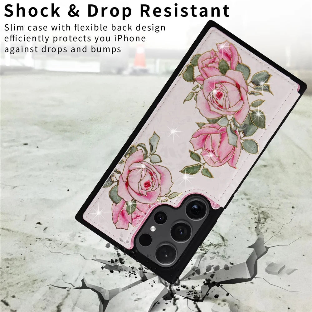 For Samsung Galaxy S24 Ultra Case PU Leather+TPU Flower Pattern Phone Cover with Dual Magnetic Clasp - Rose Flower - 7