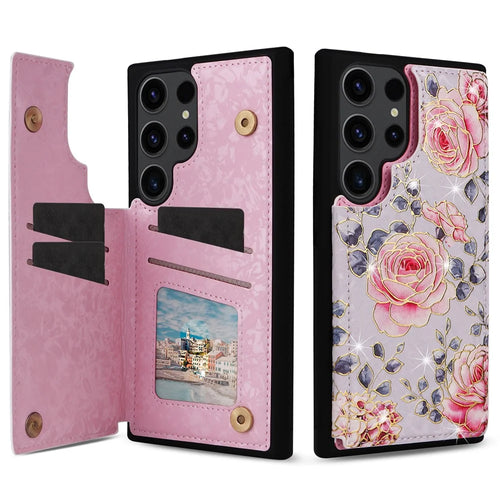 For Samsung Galaxy S23 Ultra Case Kickstand PU Leather+TPU Floral Phone Cover - Rose - 1