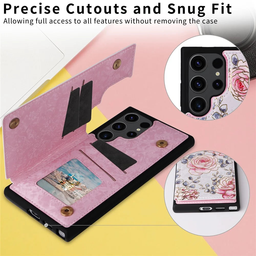 For Samsung Galaxy S23 Ultra Case Kickstand PU Leather+TPU Floral Phone Cover - Rose - 6