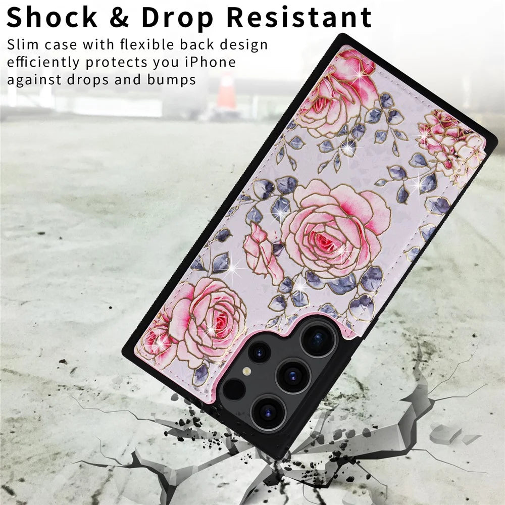 For Samsung Galaxy S23 Ultra Case Kickstand PU Leather+TPU Floral Phone Cover - Rose - 7