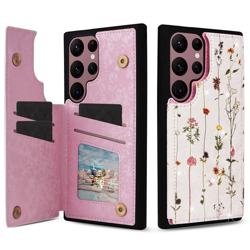 For Samsung Galaxy S22 Ultra 5G Phone Case Kickstand Flower Leather Coated TPU Cover - Dried Flower - 1