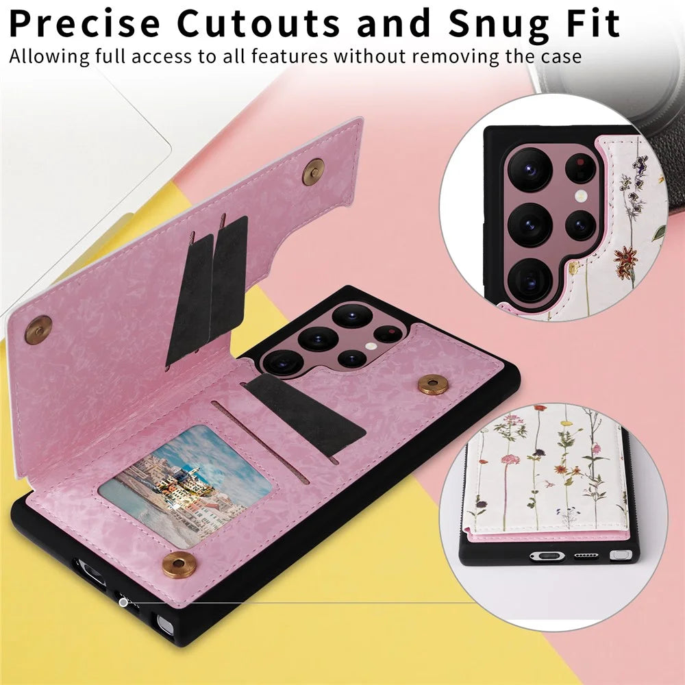 For Samsung Galaxy S22 Ultra 5G Phone Case Kickstand Flower Leather Coated TPU Cover - Dried Flower - 6