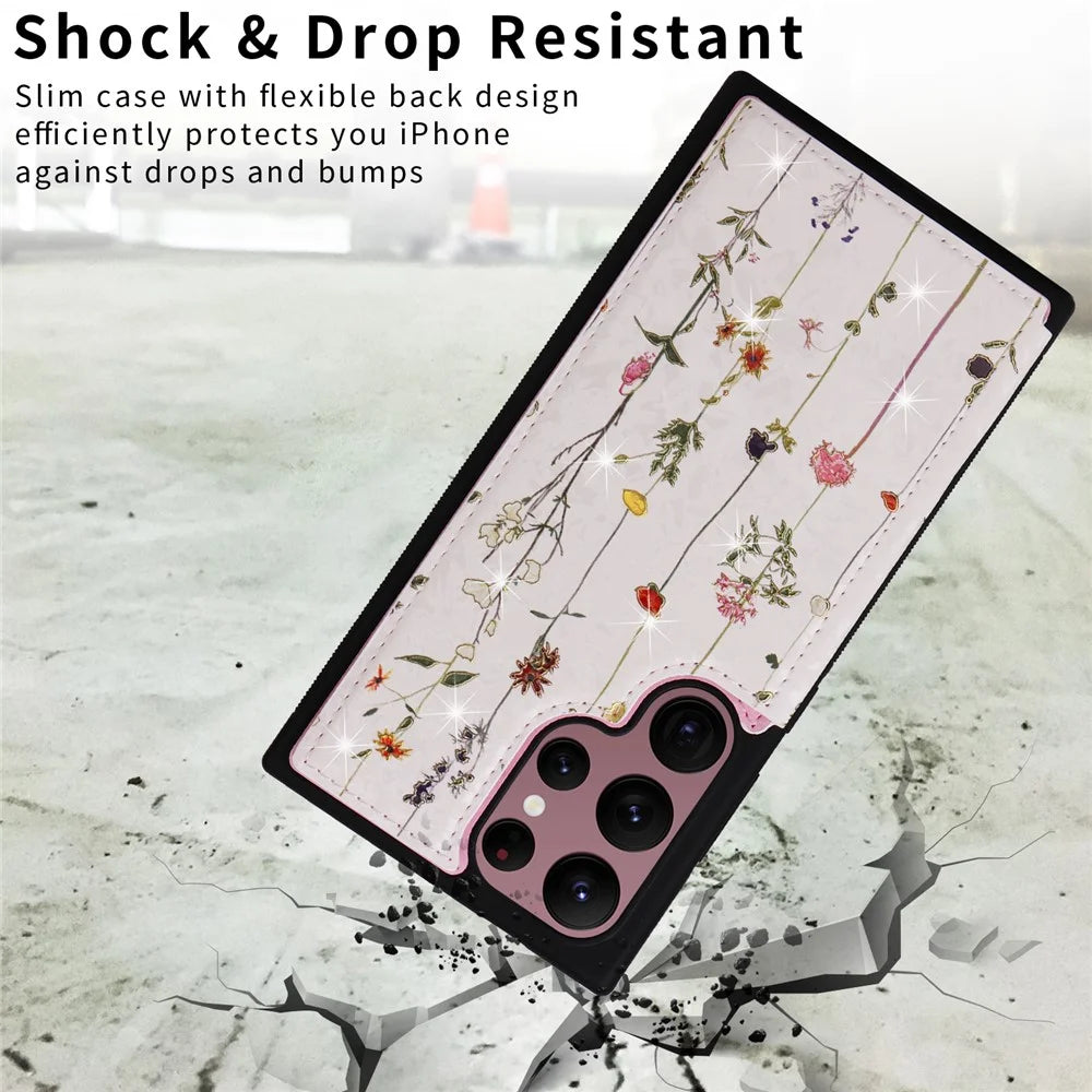 For Samsung Galaxy S22 Ultra 5G Phone Case Kickstand Flower Leather Coated TPU Cover - Dried Flower - 7