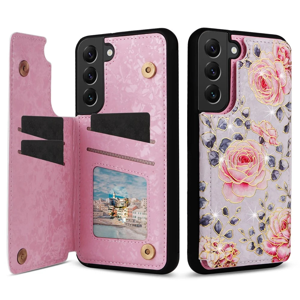 For Samsung Galaxy S22+ 5G Phone Case Card Slots Kickstand Flower PU Leather+TPU Phone Cover - Rose - 1