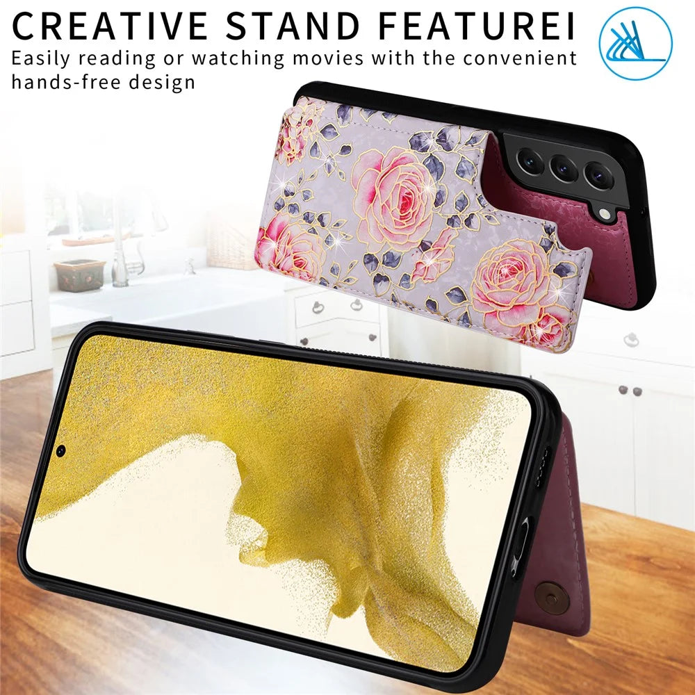 For Samsung Galaxy S22+ 5G Phone Case Card Slots Kickstand Flower PU Leather+TPU Phone Cover - Rose - 3