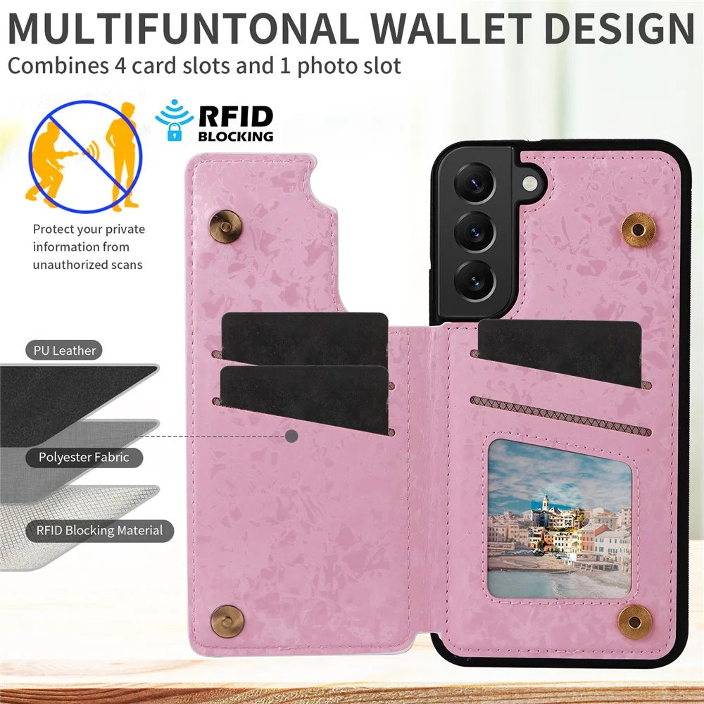 For Samsung Galaxy S22+ 5G Phone Case Card Slots Kickstand Flower PU Leather+TPU Phone Cover - Rose - 4