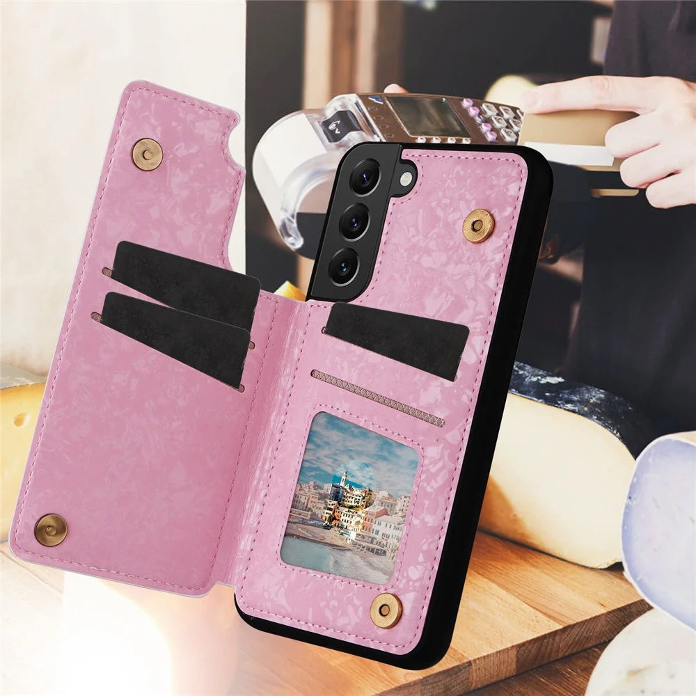 For Samsung Galaxy S22+ 5G Phone Case Card Slots Kickstand Flower PU Leather+TPU Phone Cover - Rose - 5