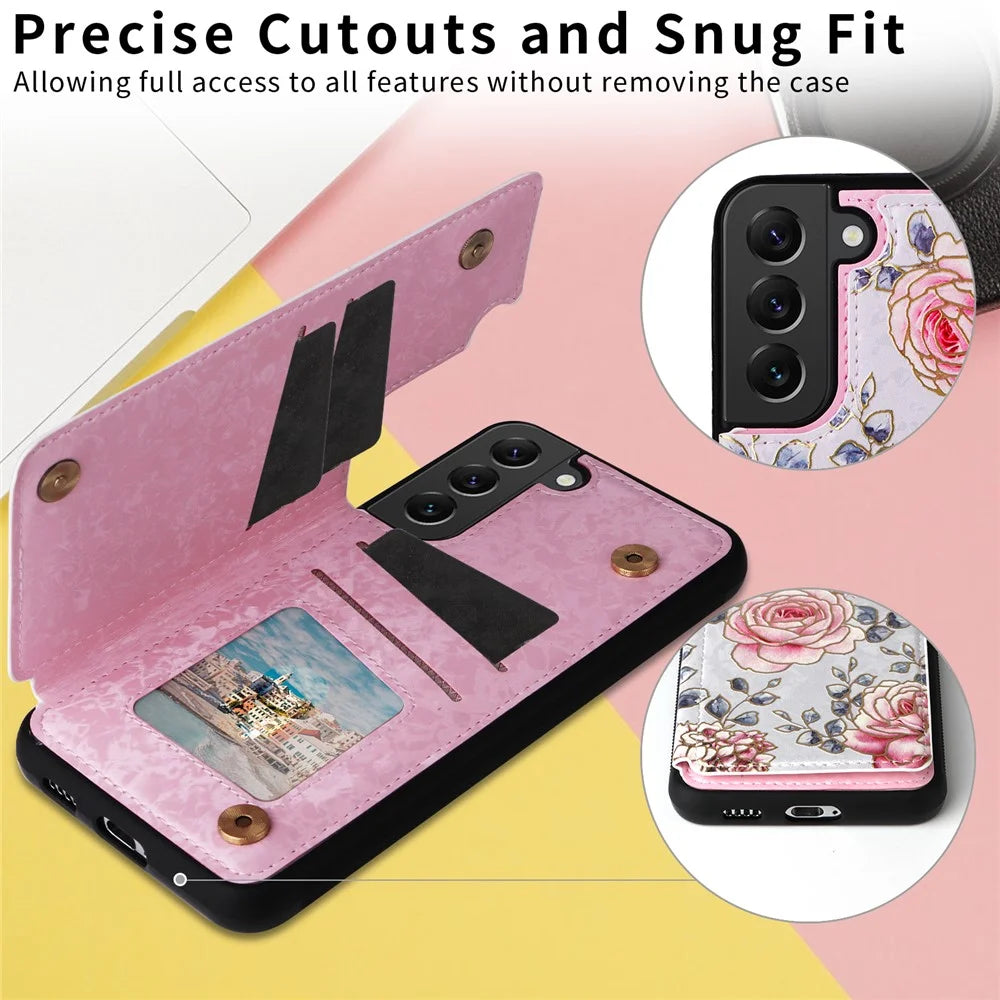 For Samsung Galaxy S22+ 5G Phone Case Card Slots Kickstand Flower PU Leather+TPU Phone Cover - Rose - 6