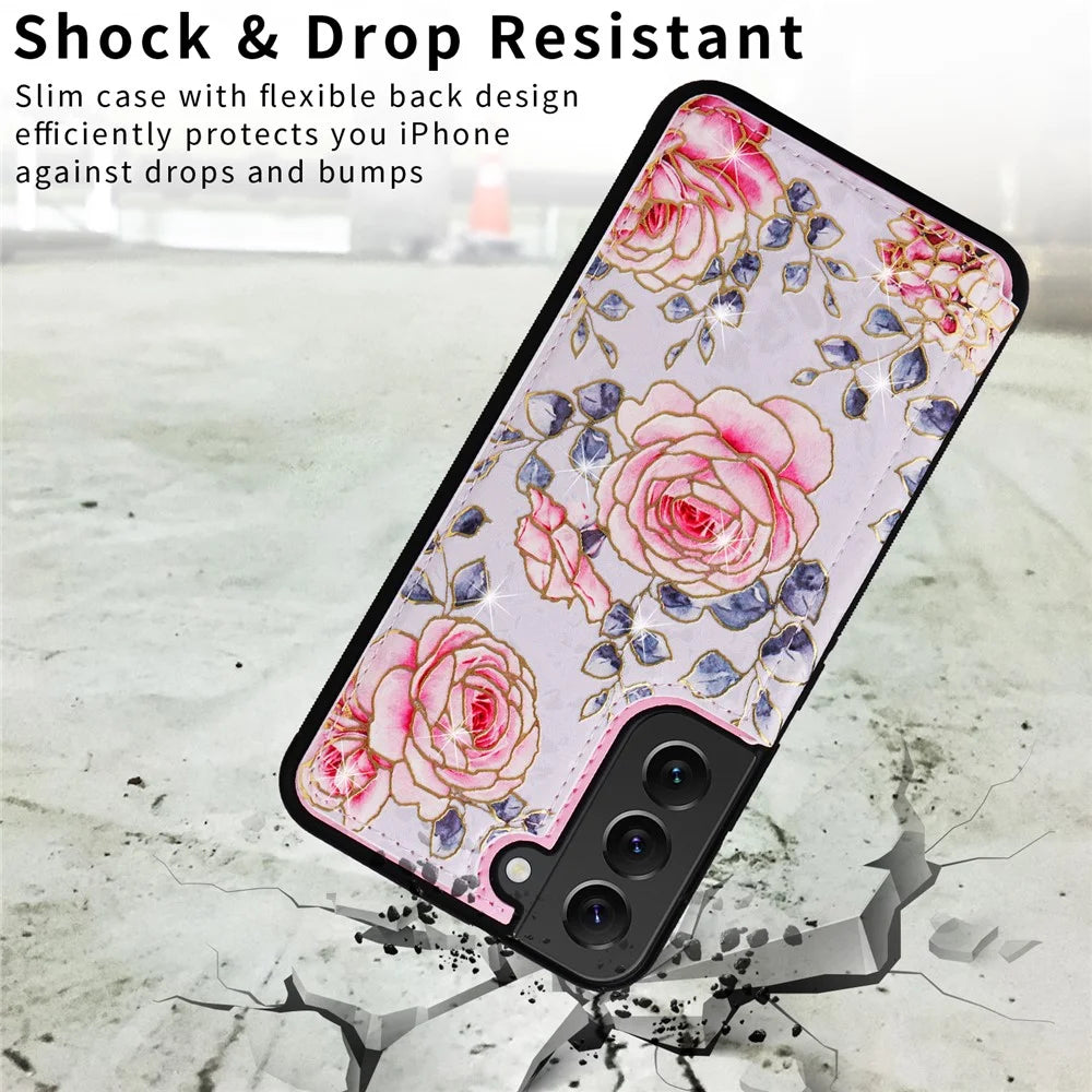 For Samsung Galaxy S22+ 5G Phone Case Card Slots Kickstand Flower PU Leather+TPU Phone Cover - Rose - 7