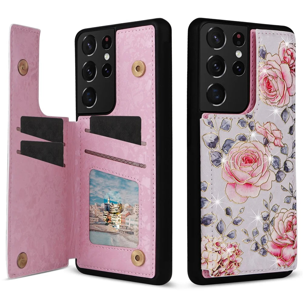 For Samsung Galaxy S21 Ultra 5G Card Slots Kickstand RFID Blocking Cell Phone Case PU Leather+TPU Cover - Rose - 1