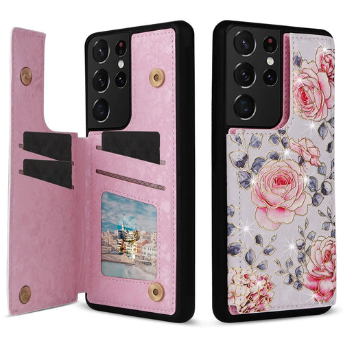 For Samsung Galaxy S21 Ultra 5G Card Slots Kickstand RFID Blocking Cell Phone Case PU Leather+TPU Cover - Rose - 1
