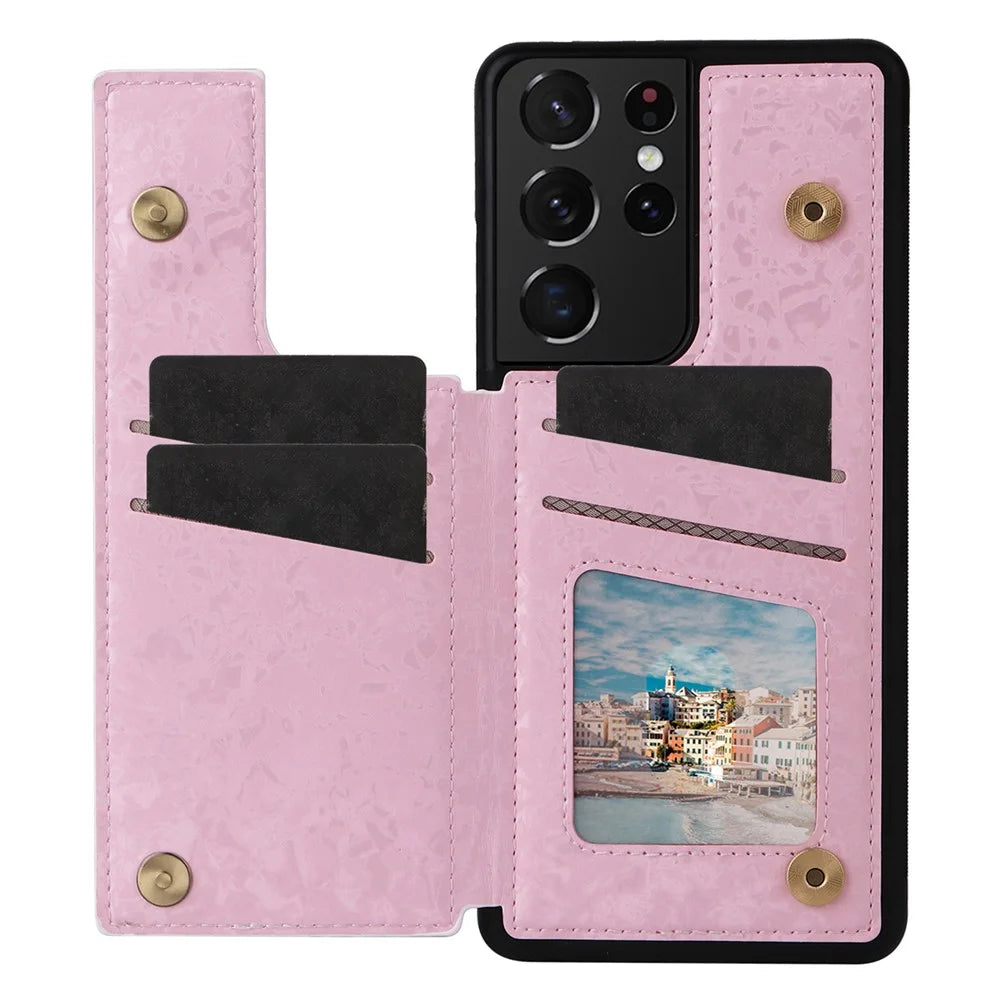 For Samsung Galaxy S21 Ultra 5G Card Slots Kickstand RFID Blocking Cell Phone Case PU Leather+TPU Cover - Rose - 2