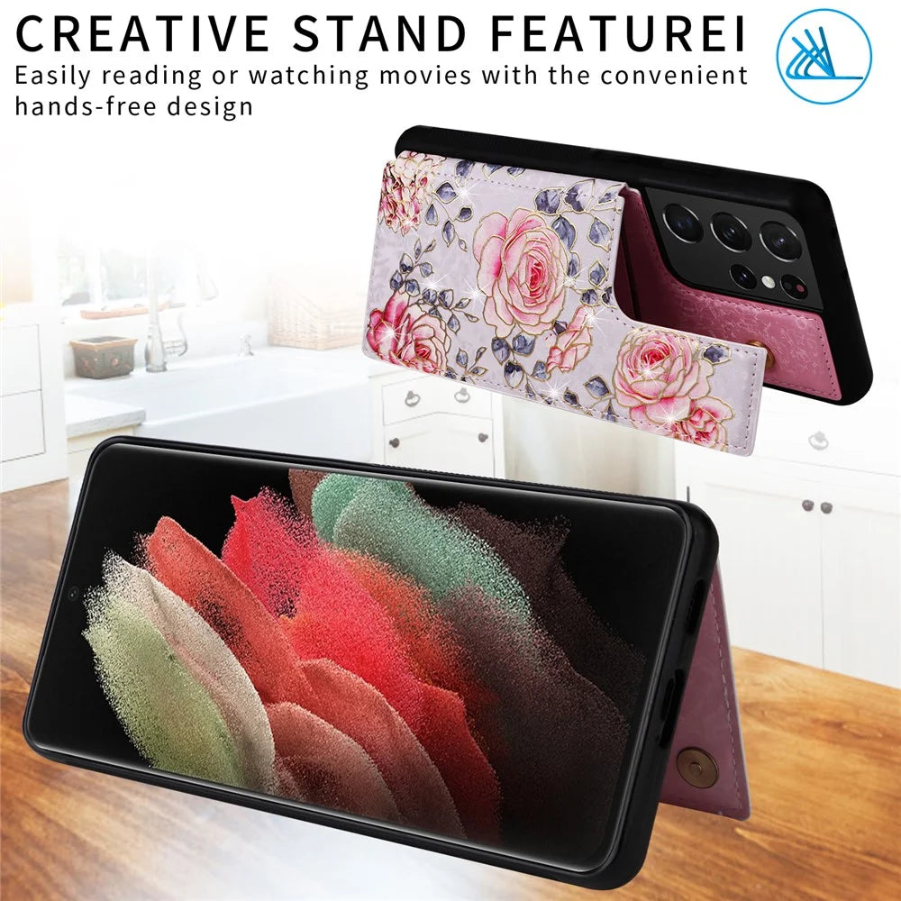 For Samsung Galaxy S21 Ultra 5G Card Slots Kickstand RFID Blocking Cell Phone Case PU Leather+TPU Cover - Rose - 3