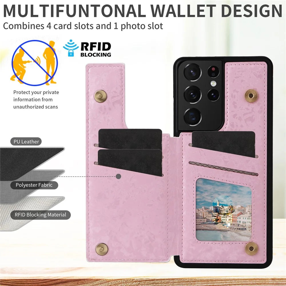 For Samsung Galaxy S21 Ultra 5G Card Slots Kickstand RFID Blocking Cell Phone Case PU Leather+TPU Cover - Rose - 4