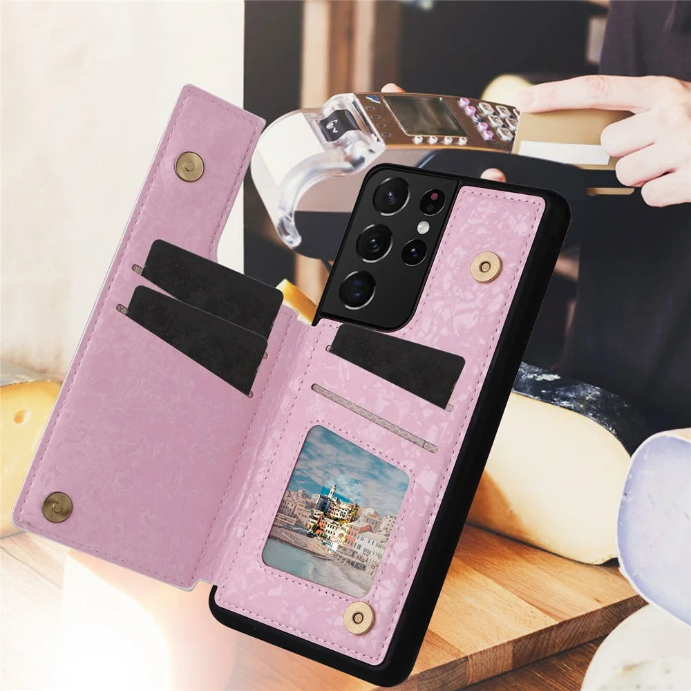 For Samsung Galaxy S21 Ultra 5G Card Slots Kickstand RFID Blocking Cell Phone Case PU Leather+TPU Cover - Rose - 5