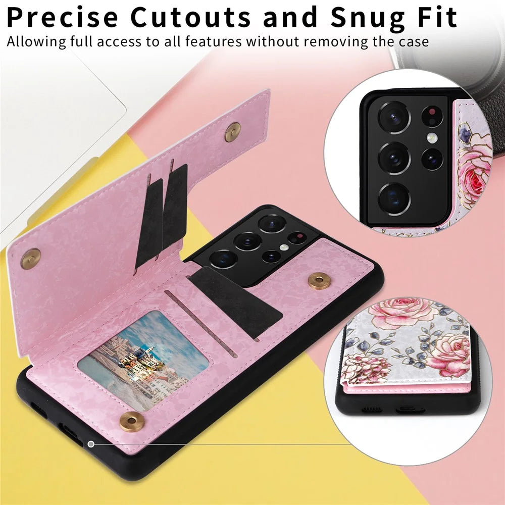 For Samsung Galaxy S21 Ultra 5G Card Slots Kickstand RFID Blocking Cell Phone Case PU Leather+TPU Cover - Rose - 6