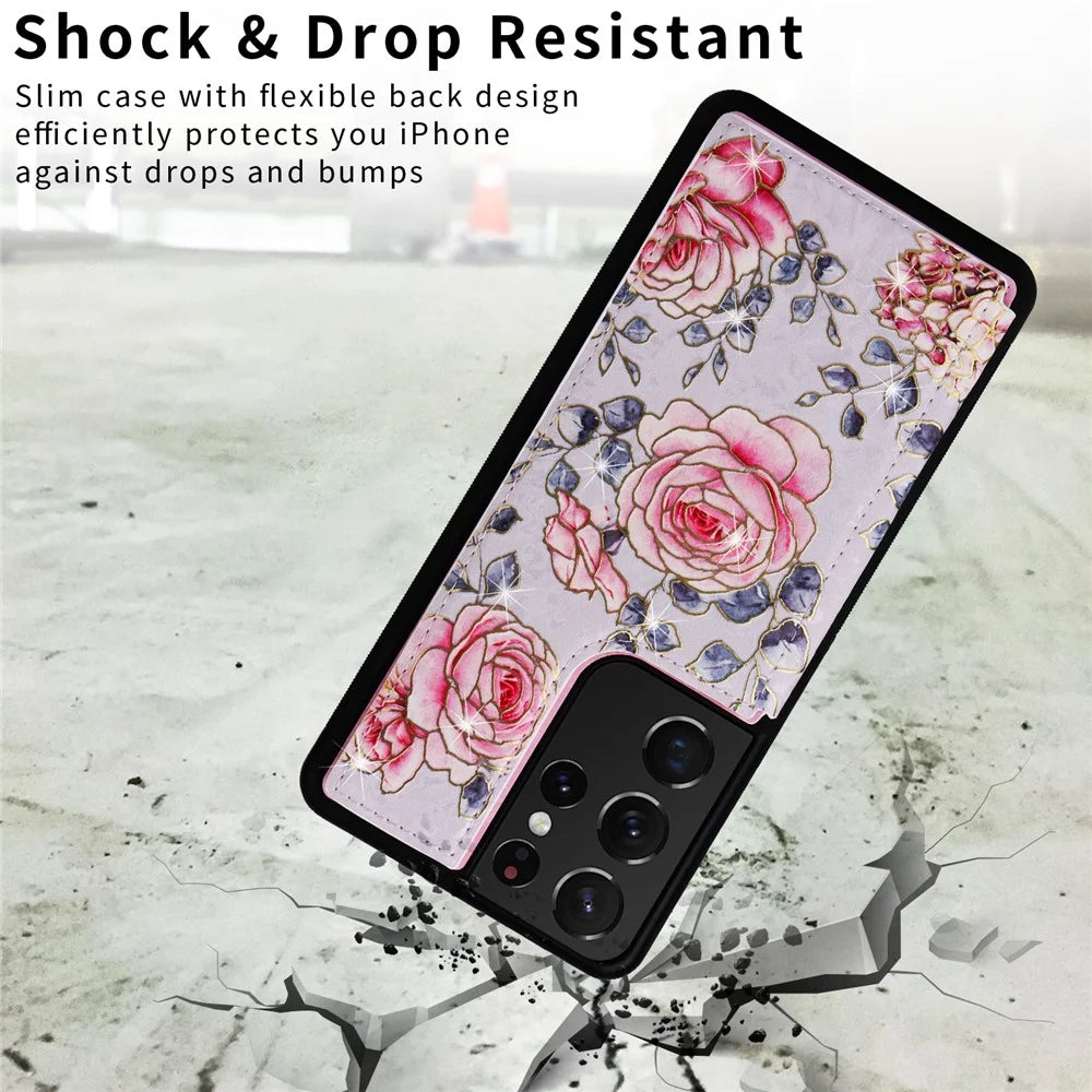 For Samsung Galaxy S21 Ultra 5G Card Slots Kickstand RFID Blocking Cell Phone Case PU Leather+TPU Cover - Rose - 7