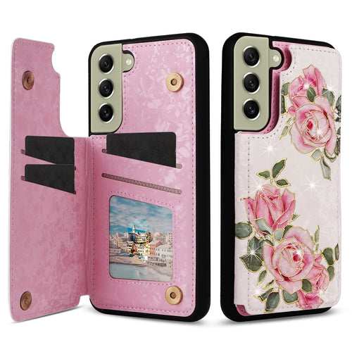 Phone Cover for Samsung Galaxy S21 FE 5G Kickstand Flower PU Leather Coated TPU Phone Case - Rose Flower - 1