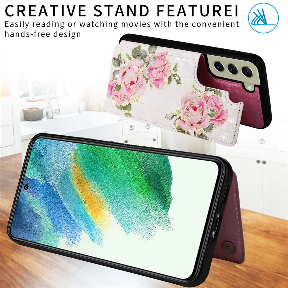 Phone Cover for Samsung Galaxy S21 FE 5G Kickstand Flower PU Leather Coated TPU Phone Case - Rose Flower - 3