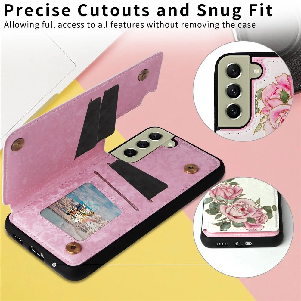 Phone Cover for Samsung Galaxy S21 FE 5G Kickstand Flower PU Leather Coated TPU Phone Case - Rose Flower - 6