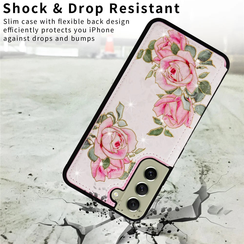 Phone Cover for Samsung Galaxy S21 FE 5G Kickstand Flower PU Leather Coated TPU Phone Case - Rose Flower - 7