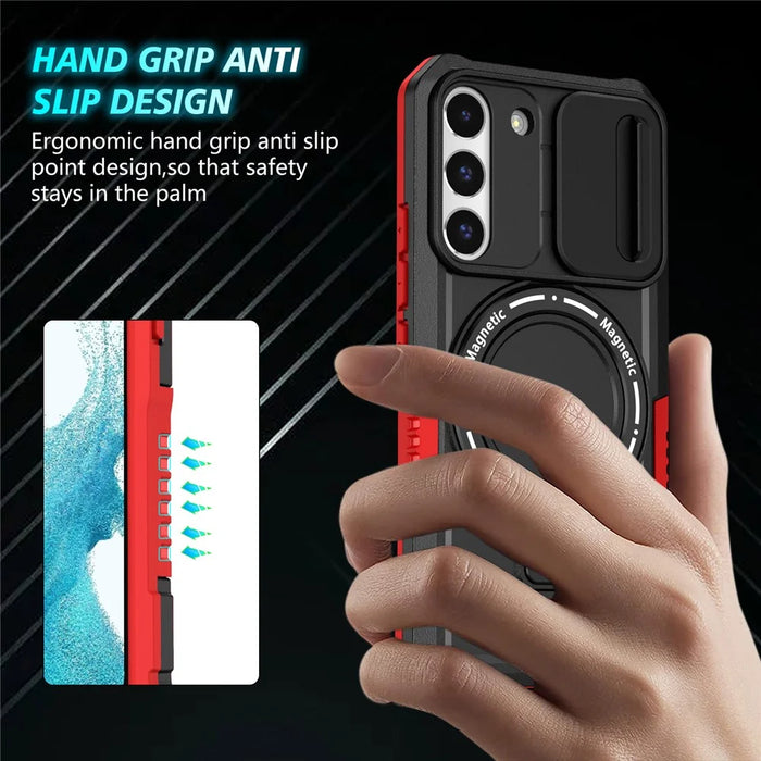 For Samsung Galaxy S22 5G Case PC+TPU Magnetic Phone Shell with Slide Camera Lid - Red / Black - 2
