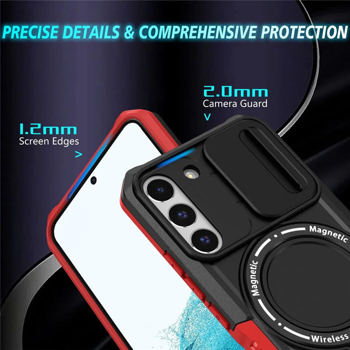 For Samsung Galaxy S22 5G Case PC+TPU Magnetic Phone Shell with Slide Camera Lid - Red / Black - 3