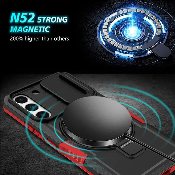 For Samsung Galaxy S22 5G Case PC+TPU Magnetic Phone Shell with Slide Camera Lid - Red / Black - 4