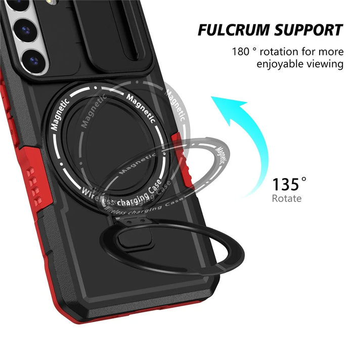 For Samsung Galaxy S22 5G Case PC+TPU Magnetic Phone Shell with Slide Camera Lid - Red / Black - 6