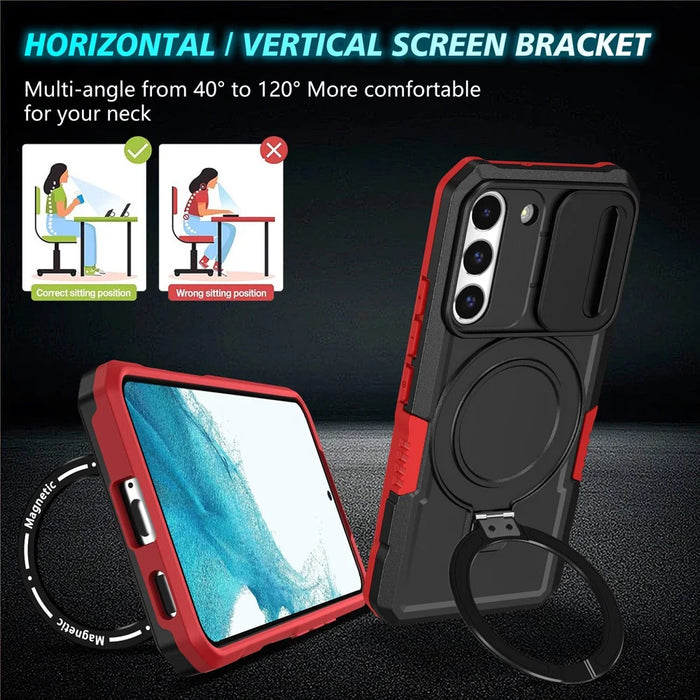 For Samsung Galaxy S22 5G Case PC+TPU Magnetic Phone Shell with Slide Camera Lid - Red / Black - 7