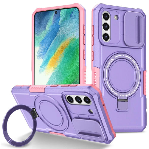 For Samsung Galaxy S21 FE 5G Case PC+TPU Magnetic Phone Shell with Slide Camera Cover - Pink  /  Purple - 1