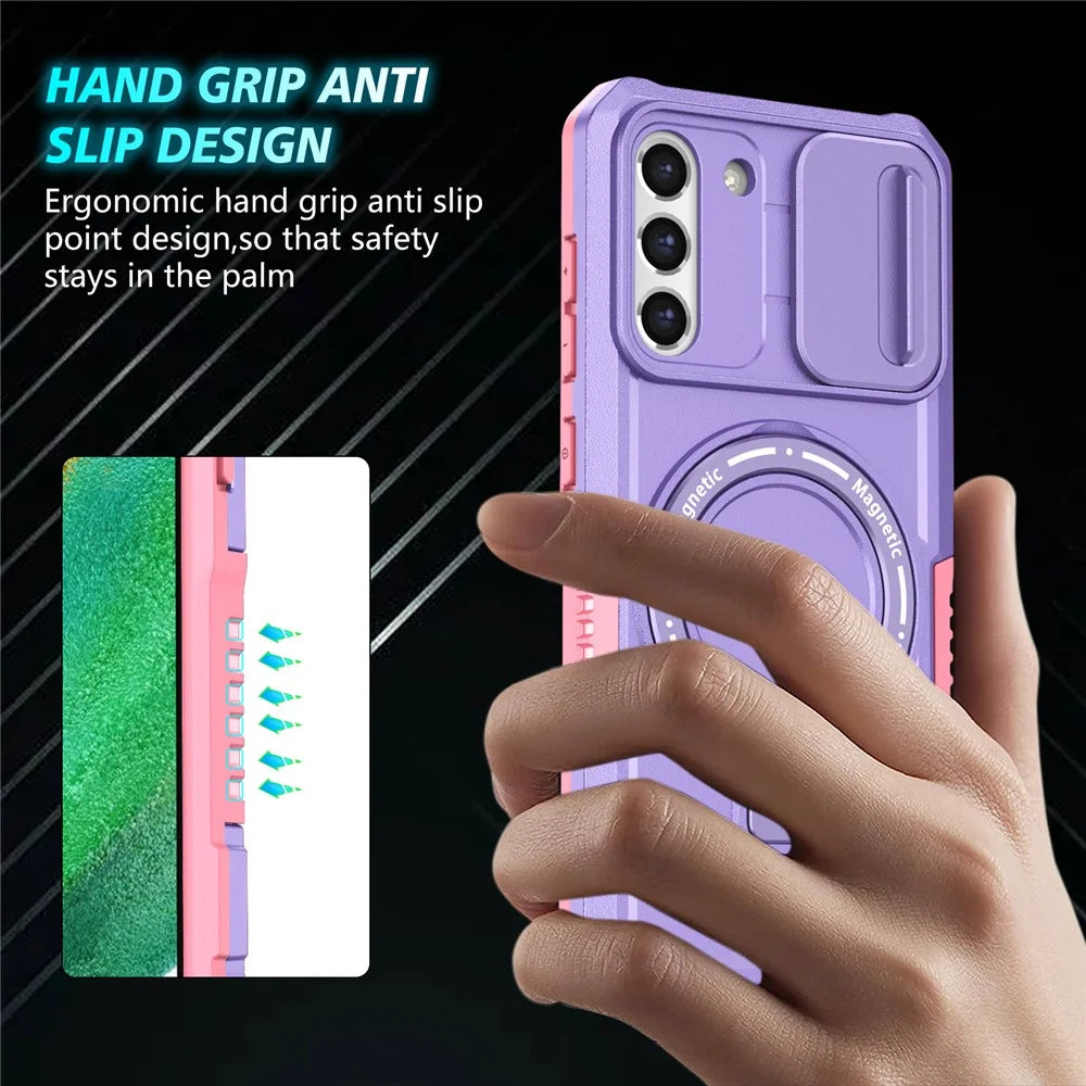For Samsung Galaxy S21 FE 5G Case PC+TPU Magnetic Phone Shell with Slide Camera Cover - Pink  /  Purple - 2